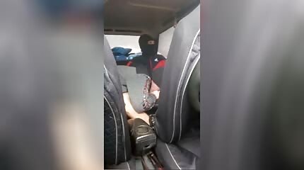 Russian guy in a mask gives in her mouth in the car outside the city, gay Amateur slave and master